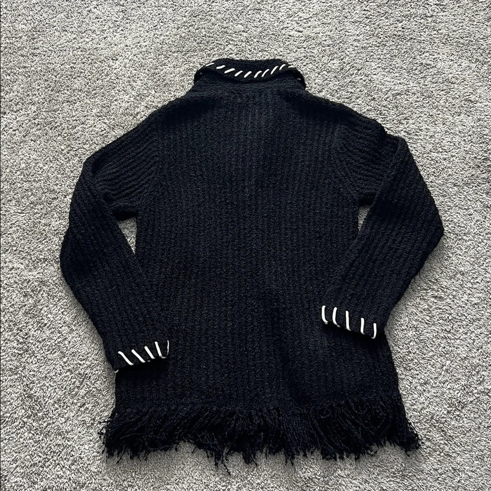Carol Rose Women’s Black Cardigan with White Stitching and Black Fringe - Size M